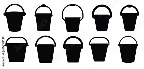 Bucket Silhouette Icon Set - Plastic Pail Vector Collection, Cleaning Clipart