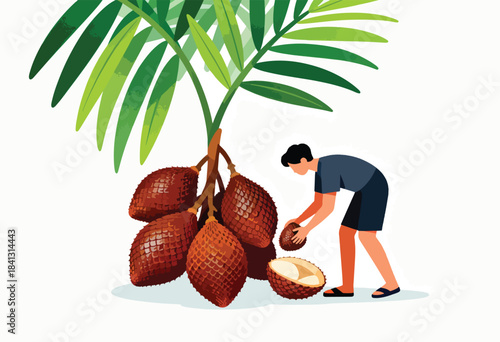 Man harvests scaly fruits from a palm, one cut open, on white