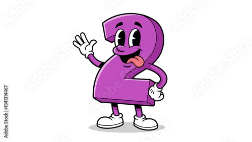 Funny Cartoon Number Two Character Waving with Tongue Out, Isolated on White