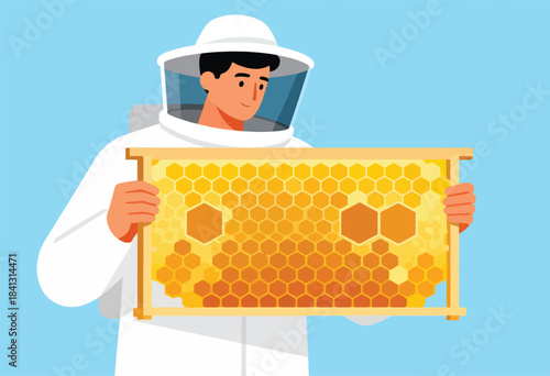 Beekeeper in protective suit holds a honeycomb frame with golden honey
