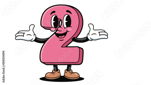 Cute Cartoon Number Two Character with Arms Outstretched, Vector Illustration