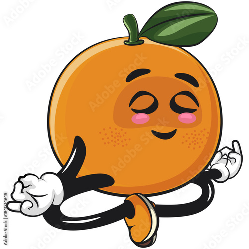 cute orange mascot character meditating, happy mandarin fruit cartoon vector illustration, work of hand drawn