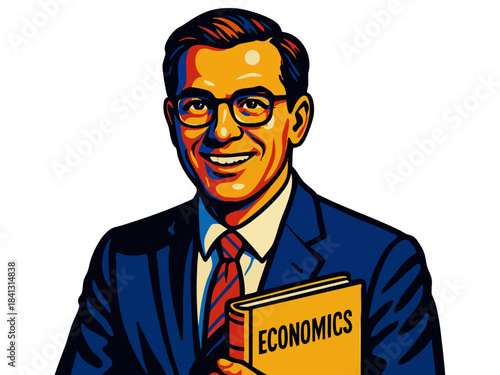 cheerful male economist in glasses and suit, holding a yellow book. Generative ai vector colorful pop art illustration.