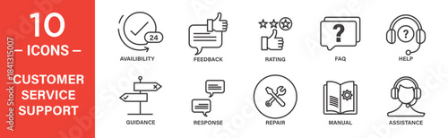 Customer service support icon set. Customer service support vector symbol in black filled and outlined style.