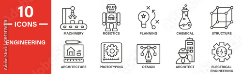 Engineering icon set. Engineering vector symbol in black filled and outlined style.