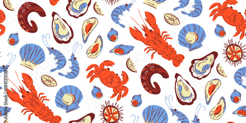 Seamless pattern with raw seafood on white, juicy crustaceans and mollusks