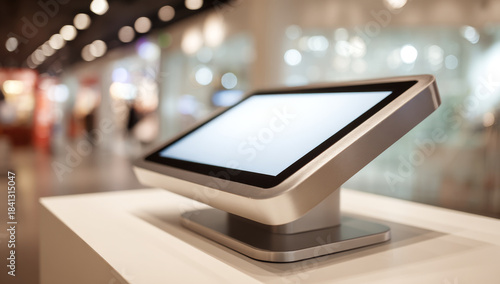 Fototapeta Naklejka Na Ścianę i Meble -  Sleek modern interactive touchscreen kiosk with metallic silver frame and glossy display surface in a softly lit public space