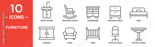 Furniture icon set. Furniture vector symbol in black filled and outlined style.