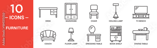 Furniture icon set. Furniture vector symbol in black filled and outlined style.
