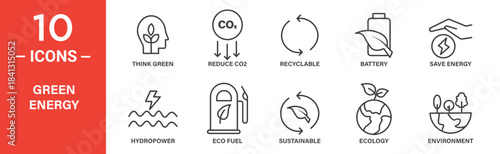 green energy icon set. green energy vector symbol in black filled and outlined style.