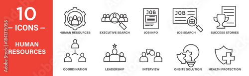 human resources icon set. human resources vector symbol in black filled and outlined style.