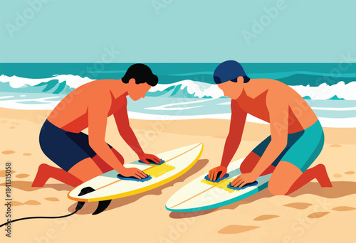 Two men on a beach waxing surfboards near crashing waves