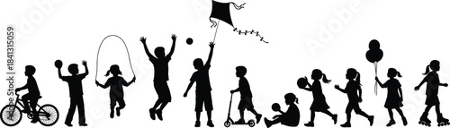 Group of Diverse Happy Children Playing Games Black Silhouette Vector Illustration, Kids Jumping, Cycling, and Flying Kite, Symbolizing Childhood, Fun, and Activity.