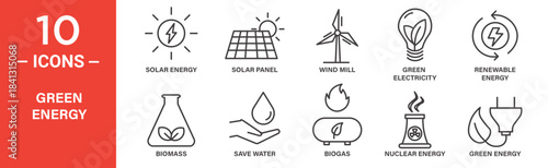 green energy icon set. green energy vector symbol in black filled and outlined style.