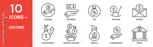income icon set. income vector symbol in black filled and outlined style.
