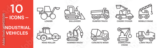 Industrial vehicles icon set. Industrial vehicles vector symbol in black filled and outlined style.