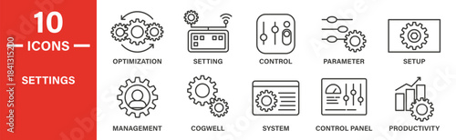 Settings icon set. Settings vector symbol in black filled and outlined style.