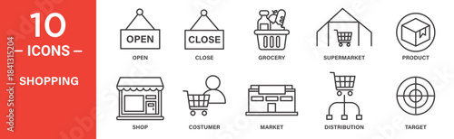 Shopping icon set. Shopping vector symbol in black filled and outlined style.