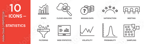 Statistics icon set. Statistics vector symbol in black filled and outlined style.