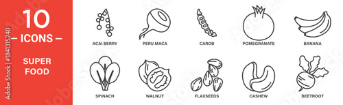 Super food icon set. Super food vector symbol in black filled and outlined style.