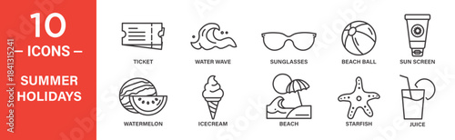 Summer holidays icon set. Summer holidays vector symbol in black filled and outlined style.