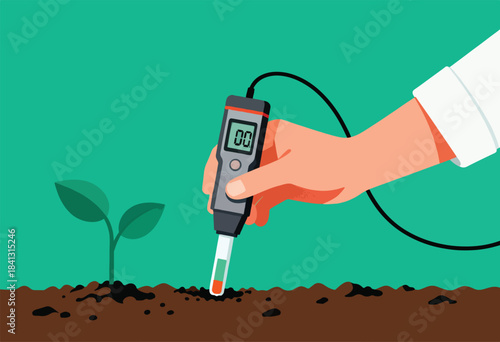 Hand holding digital meter testing soil near seedling