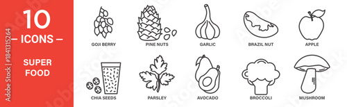 Super food icon set. Super food vector symbol in black filled and outlined style.