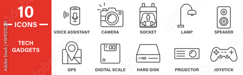 Tech gadgets icon set. Tech gadgets vector symbol in black filled and outlined style.