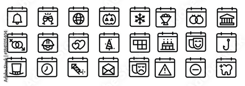  calendar line icons including comedy cake dental signs 
