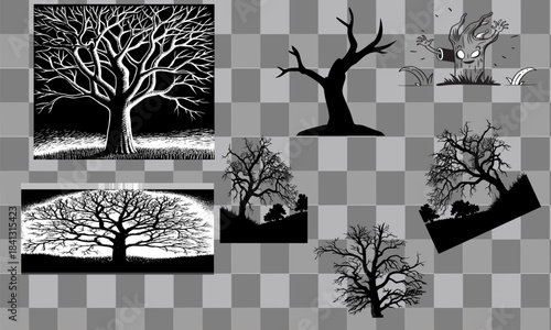 Monochromatic collage of spooky trees and a cartoonish tree monster