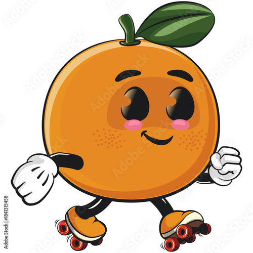 cute orange mascot character playing roller skating, happy mandarin fruit cartoon vector illustration, work of hand drawn