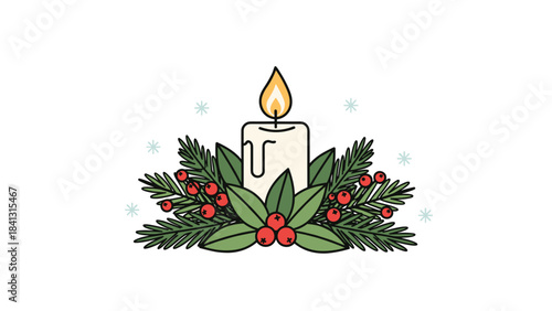 A festive christmas candle with holly and red berries on isolated white background with snowflakes