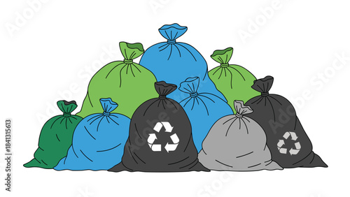 A colorful illustration of trash bags with recycling symbols on them in various colors including green, blue, black, and gray, isolated on white background