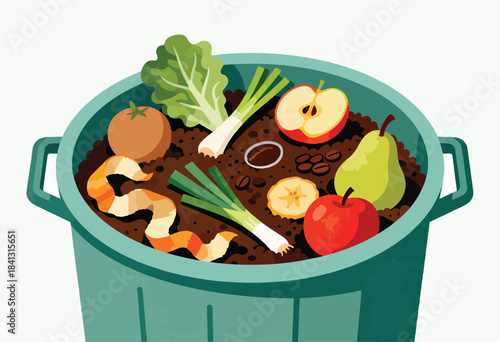 Close-up of a teal compost bin filled with fruits, vegetables, coffee beans, and orange peels
