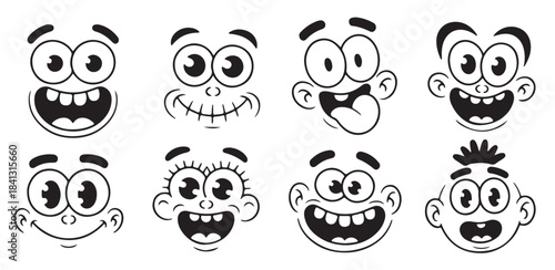 cartoon faces with expressive eyes and wide smiles expressions