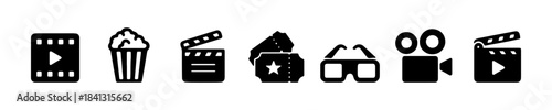 Cinema flat icons set. Camera, film, popcorn box, clapper board, movie and other. Vector illustration