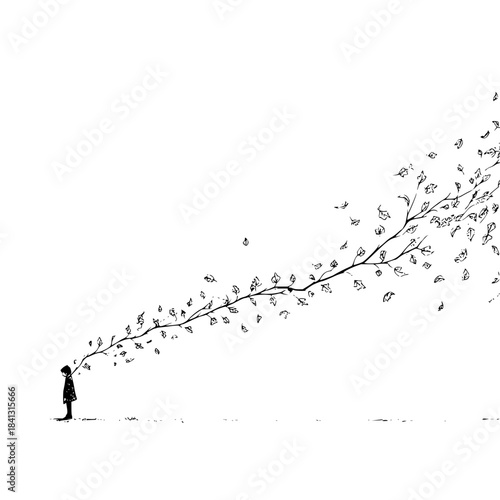 A girl and a branch with leaves in black and white drawing illustration representing nature and growth