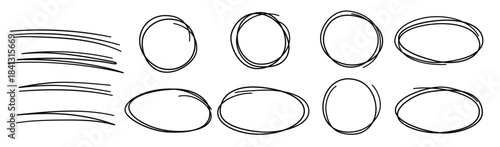 Hand drawn scribble lines, circles and ovals. Doodle sketch underlines. Highlight circle frames. Ellipses in doodle style. Set of vector illustration isolated on white background