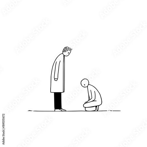 A figure kneels before another taller figure in a simple black and white illustration with clear lines