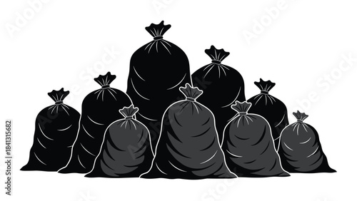 A group of black trash bags with tied tops on white background