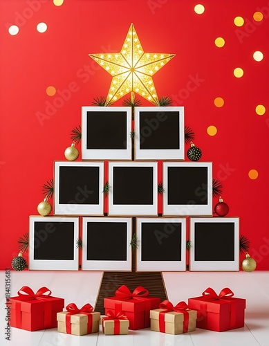 Festive Christmas photo collage template showcasing a Christmas tree made of arranged empty black polaroid photo frames surrounded by giftboxes against bokeh light on red background