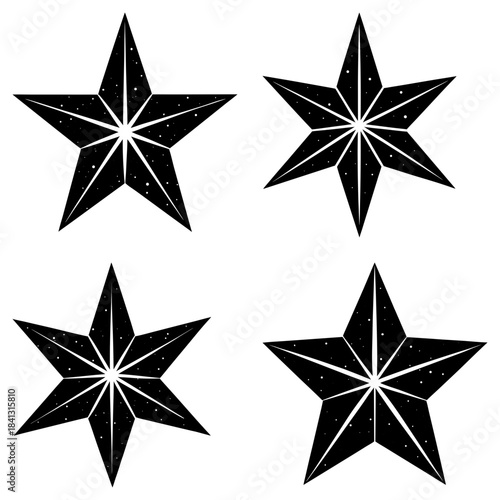 Four black and white star shapes with white lines and dotted patterns stars 1