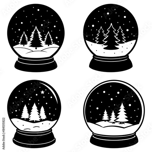 Four Black and White Snow Globe with Pine Trees and Snowy Landscapes winter scene