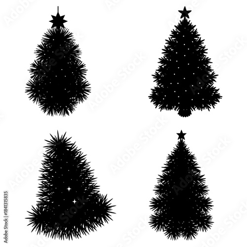 Four Black Christmas Trees with Star Toppers and White Lights Silhouette