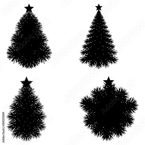 Four Black Silhouette Christmas Trees with Stars and Lights