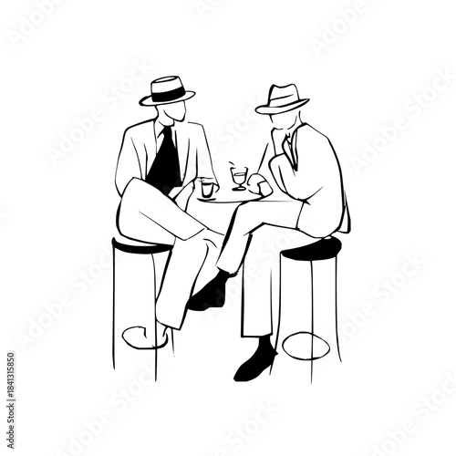 Two men in suits at a bar having drinks in a black and white line art style illustration of a scene 100