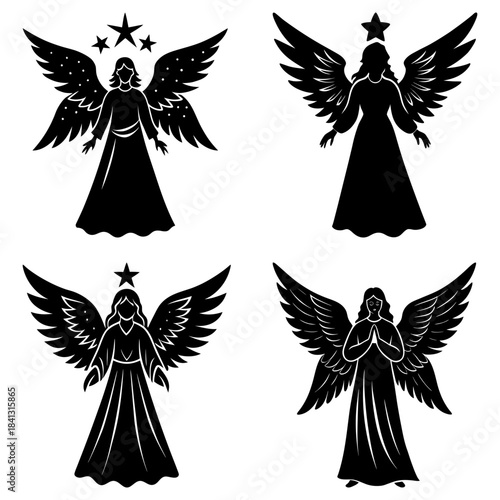 Four Black and White Angel with Stars and Different Poses wings