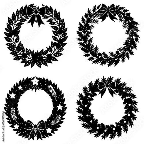 Four Black and White Christmas Wreath with Bow and Leaves