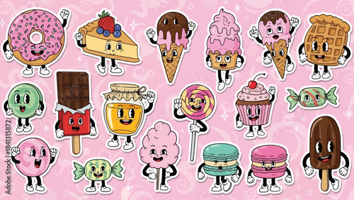 Vintage Cartoon Sweets Stickers Pack with Cute Food Characters on Pink Background