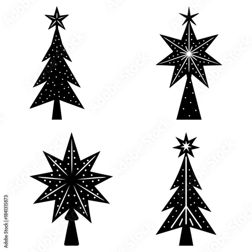 Four black and white Christmas tree and star decorations with dotted patterns